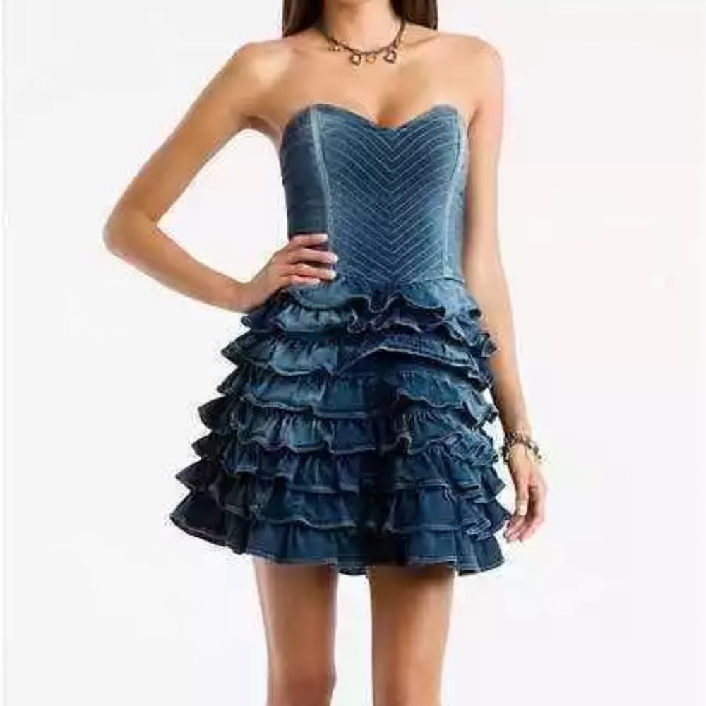 New Guess Melia Ruffle Strapless Denim Jeans Dress Junior Size 7 M